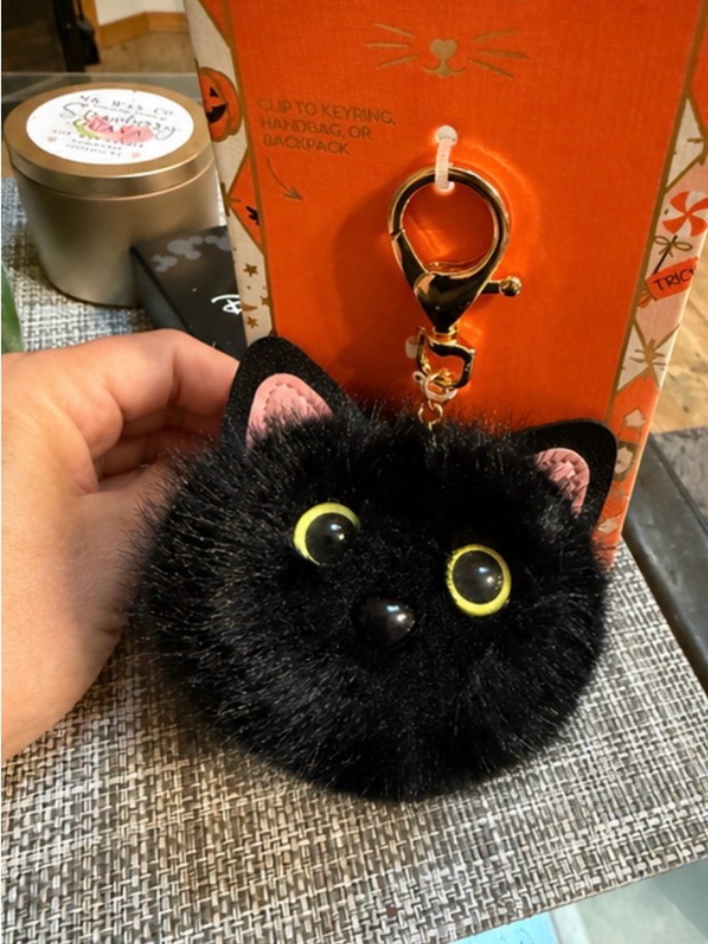 Piper Black Fuzzy Cat 🐈⬛Pom Bag Charm with Yellow Eyes🎃Halloween Fun - Picture 3 of 4